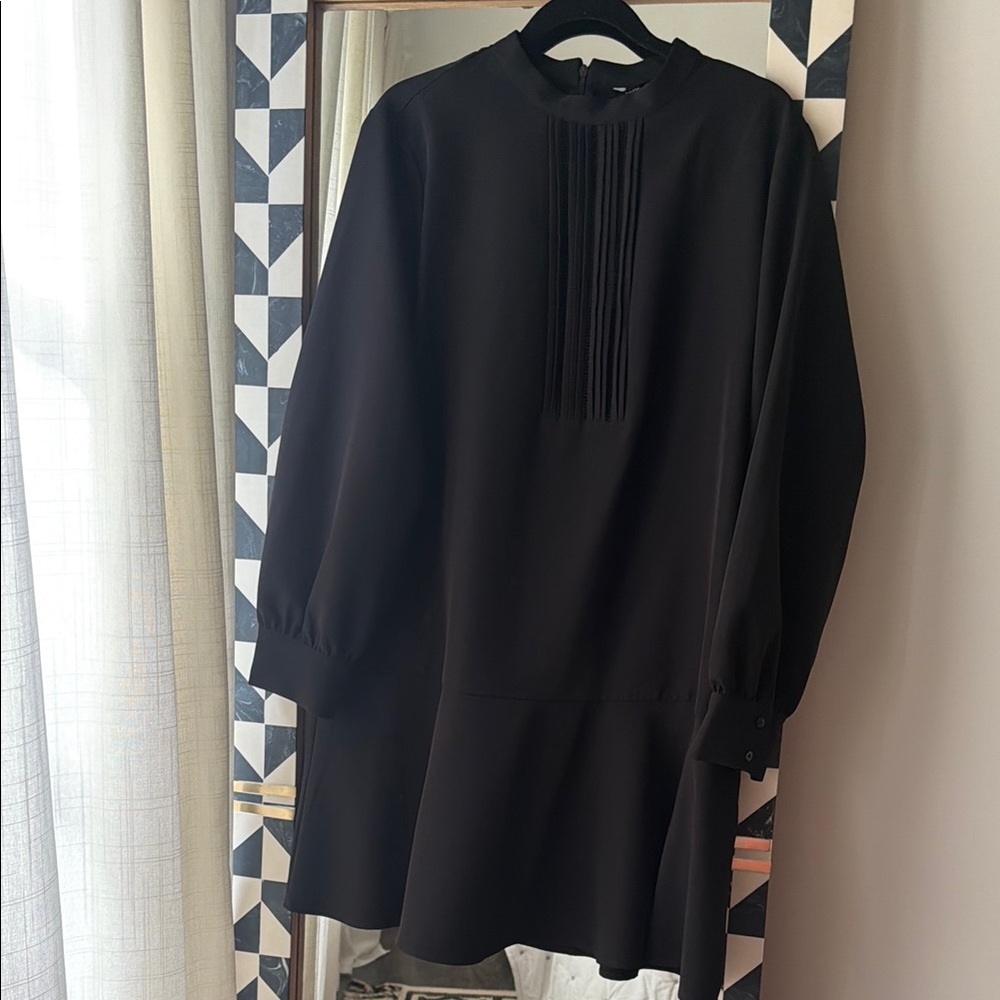 Elegant Black Long-Sleeve Pleated Front Dress